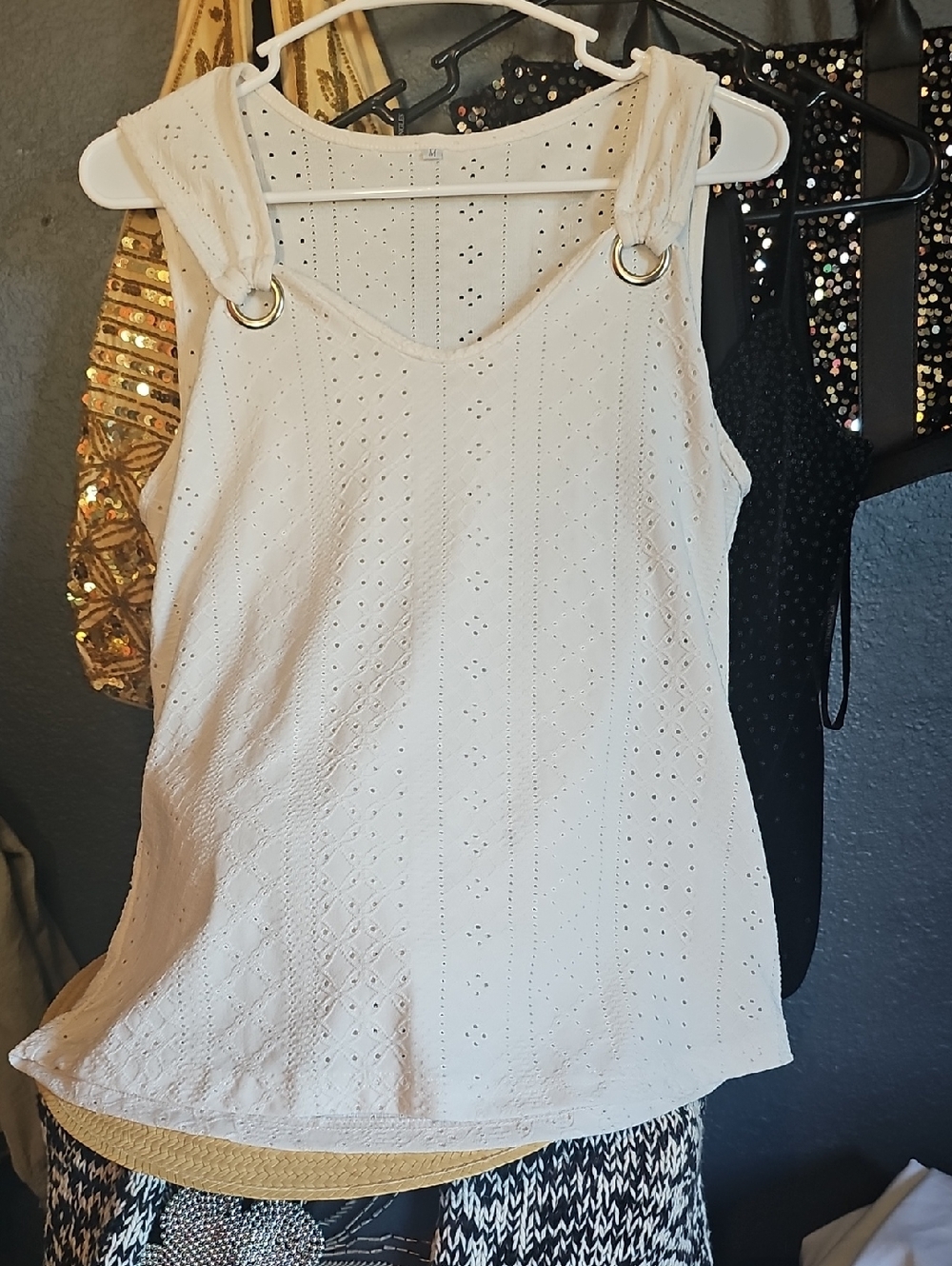 Sleeveless Eyelet Tank Top with Ring Strap - White